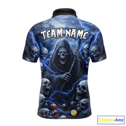 Blue Grim Reaper Lightning Billiard Shirt For Men Custom Skull Pool Team Jersey Polo & 1/4 Zip TDM5963