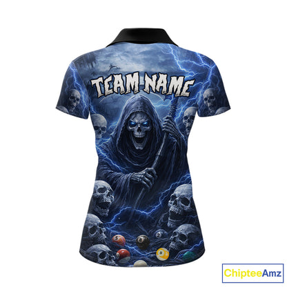 Blue Grim Reaper Lightning Billiard Shirt For Women Custom Skull Pool Team Jersey Polo & 1/4 Zip TDM5963