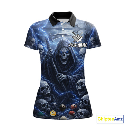 Blue Grim Reaper Lightning Billiard Shirt For Women Custom Skull Pool Team Jersey Polo & 1/4 Zip TDM5963