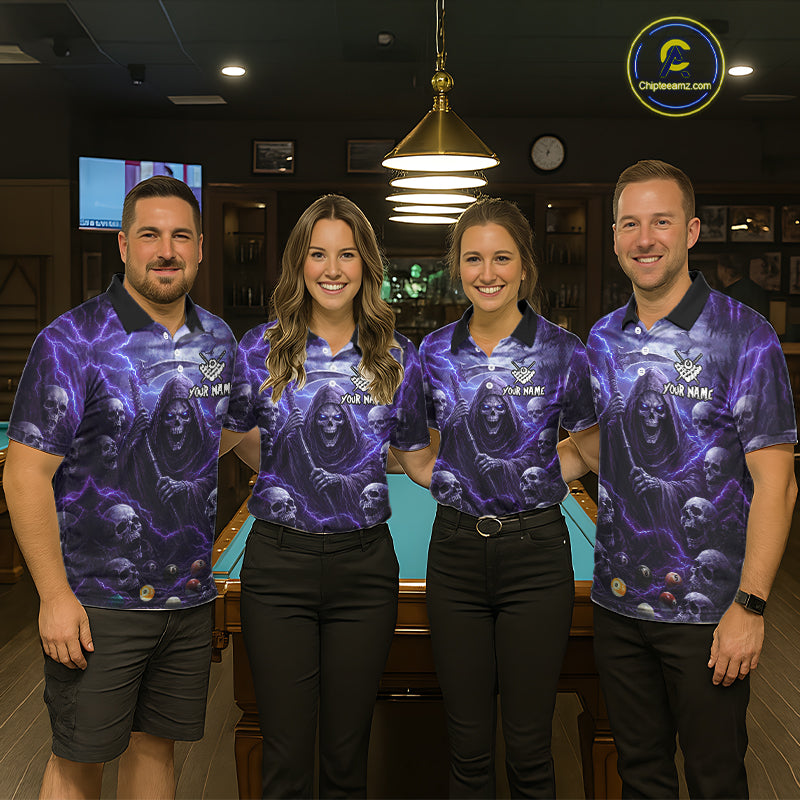 Purple Grim Reaper Lightning Billiard Shirt For Women Custom Skull Pool Team Jersey Polo & 1/4 Zip TDM5964