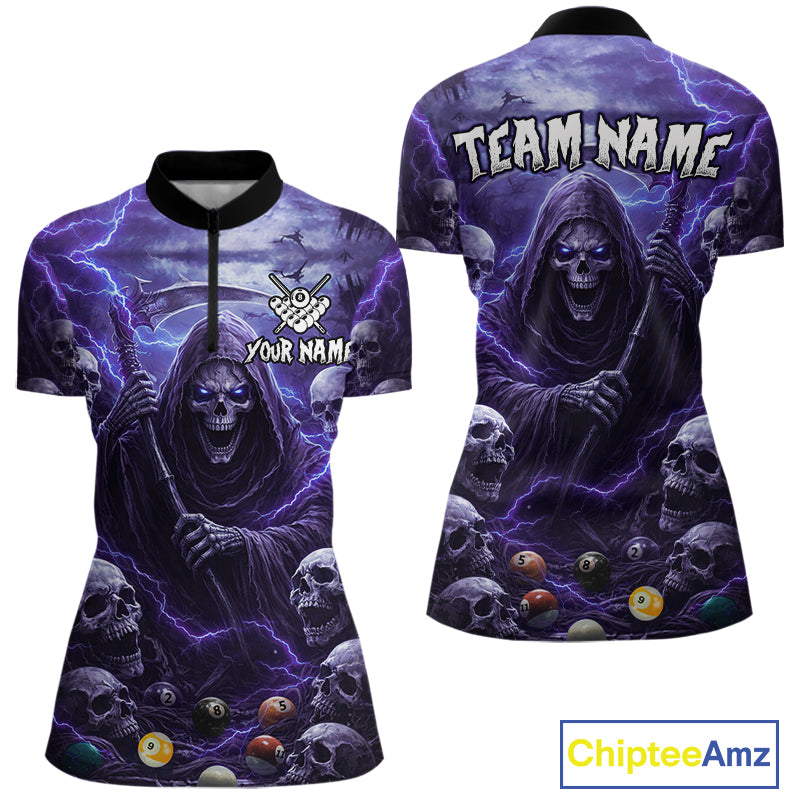 Purple Grim Reaper Lightning Billiard Shirt For Women Custom Skull Pool Team Jersey Polo & 1/4 Zip TDM5964