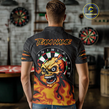 Black And Orange Custom Fire Flame Skull Darts Shirt For Men, Darts Jersey Team Polo & 1/4 Zip TDM5057