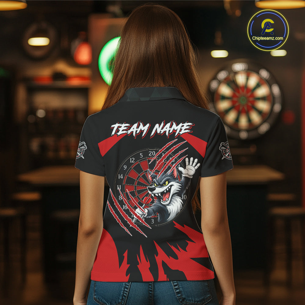 Black And Red Funny Wolf Darts Shirt For Women Custom Darts Jersey, Darts Outift Polo & 1/4 Zip TDM6142