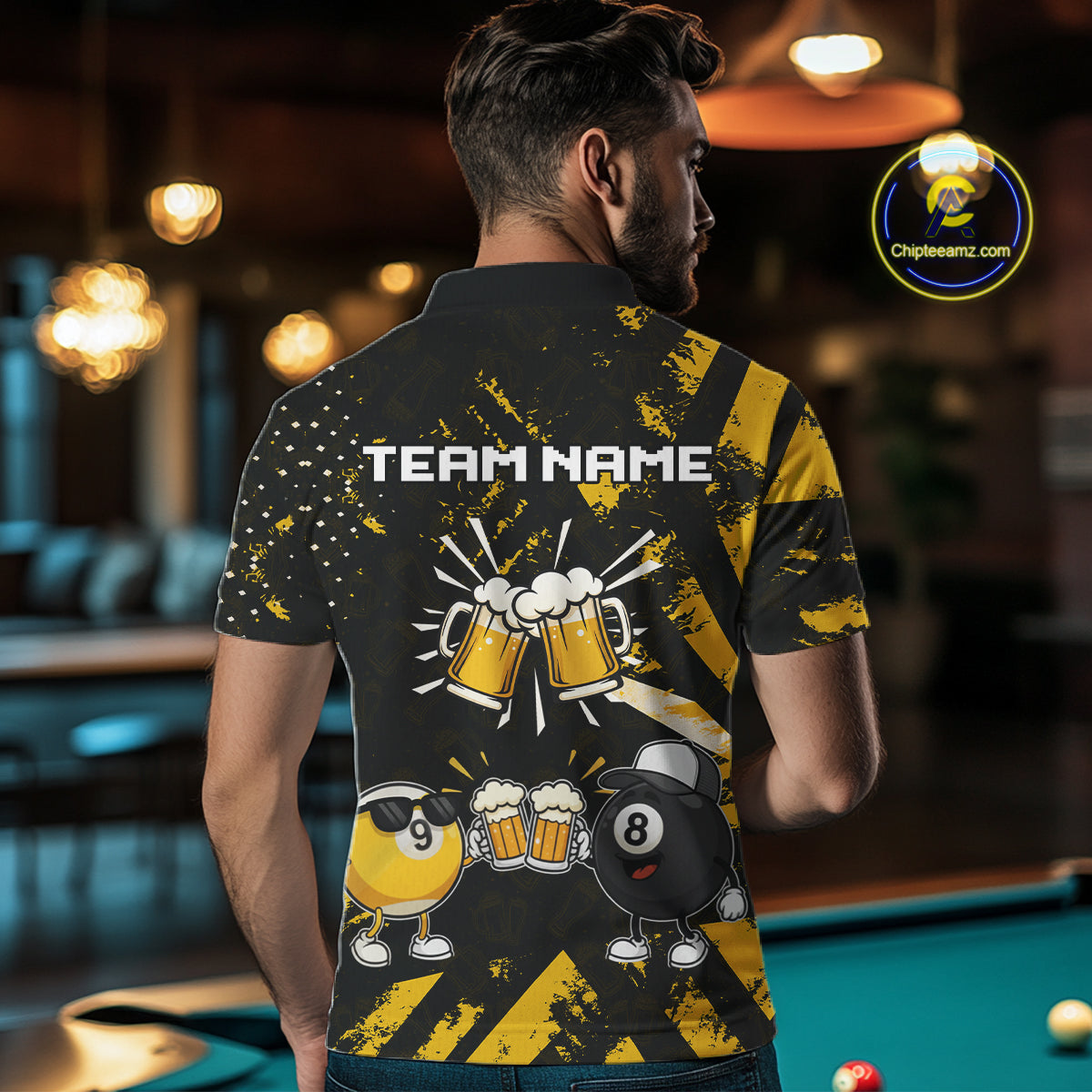 Yellow Black Funny Beer Billiard Shirt For Men Custom 8 Ball & 9 Ball Pool Jersey Polo & 1/4 Zip TDM5288
