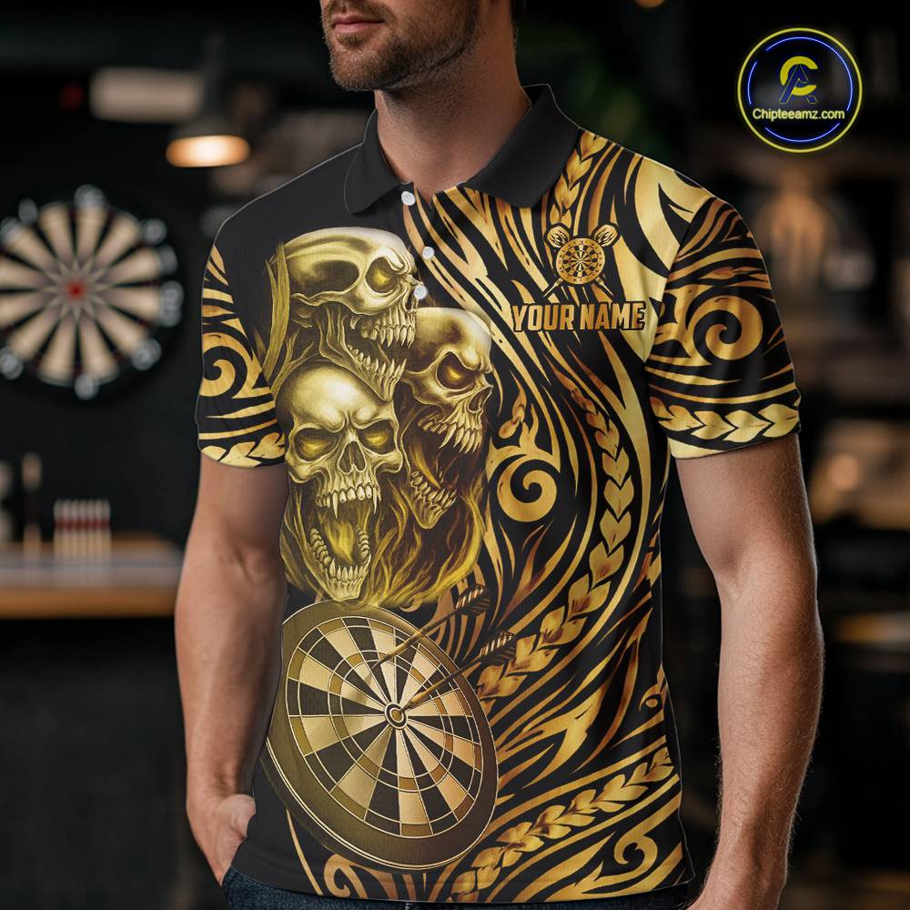 Black And Gold Custom Skull Darts Shirt For Men, Tribal Darts Team Jersey Polo & Quarter Zip TDM5805
