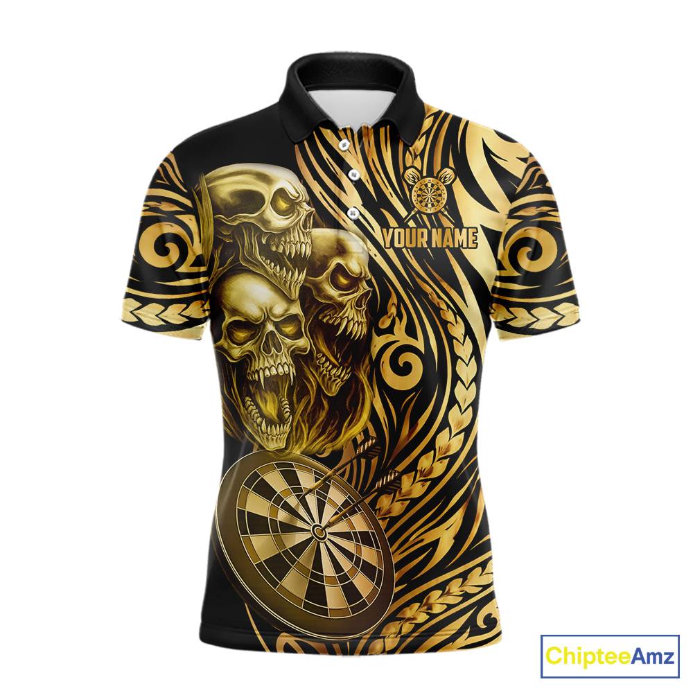 Black And Gold Custom Skull Darts Shirt For Men, Tribal Darts Team Jersey Polo & Quarter Zip TDM5805