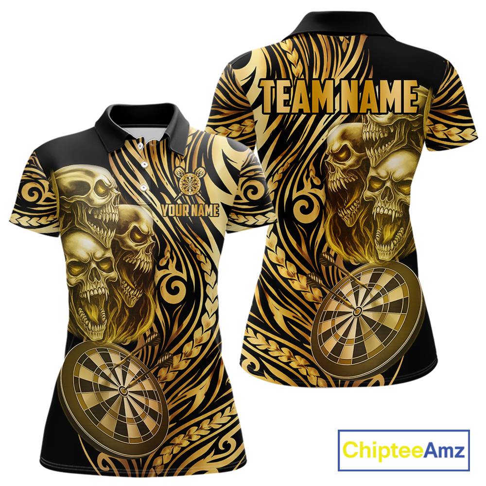 Black And Gold Custom Skull Darts Shirt For Women, Tribal Darts Team Jersey Polo & Quarter Zip TDM5805