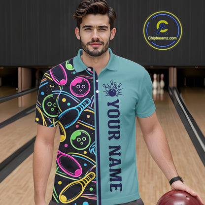 Personalized Funny Neon Bowing Shirt For Men, Retro Bowling Team Jersey Polo & 1/4 Zip | Teal TDM6187