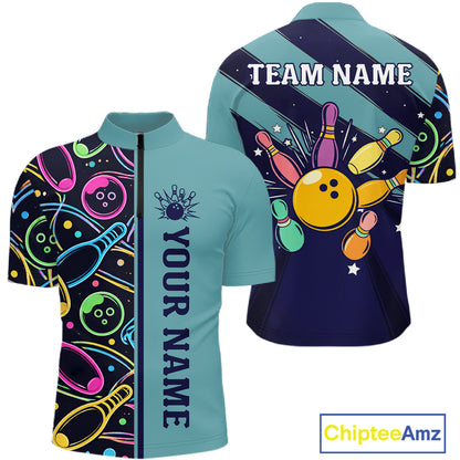 Personalized Funny Neon Bowing Shirt For Men, Retro Bowling Team Jersey Polo & 1/4 Zip | Teal TDM6187