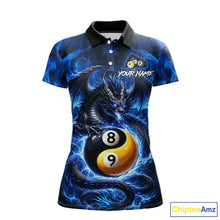 Load image into Gallery viewer, Blue 8 Ball &amp; 9 Ball Fire Yin And Yang Dragon Billiard Shirt For Women Custom Pool Team Jersey TDM5841
