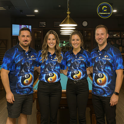 Blue 8 Ball & 9 Ball Fire Yin And Yang Dragon Billiard Shirt For Men Custom Pool Team Jersey TDM5841