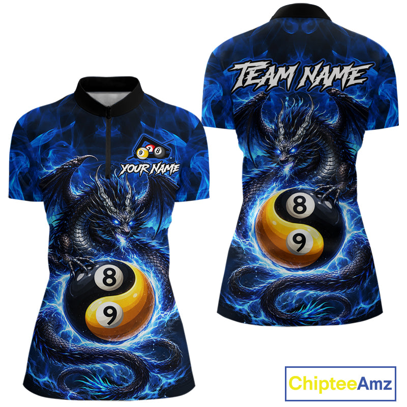 Blue 8 Ball & 9 Ball Fire Yin And Yang Dragon Billiard Shirt For Women Custom Pool Team Jersey TDM5841