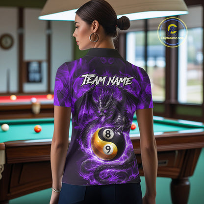 Purple 8 Ball & 9 Ball Fire Yin And Yang Dragon Billiard Shirt For Women Custom Pool Team Jersey TDM5843