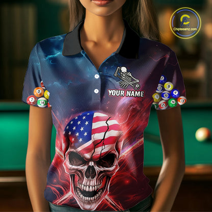 US Flag Patriotic Skull Women's Billiard Shirt Custom Pool Team Shirt Billiard Jersey Polo & 1/4 Zip TDM5140