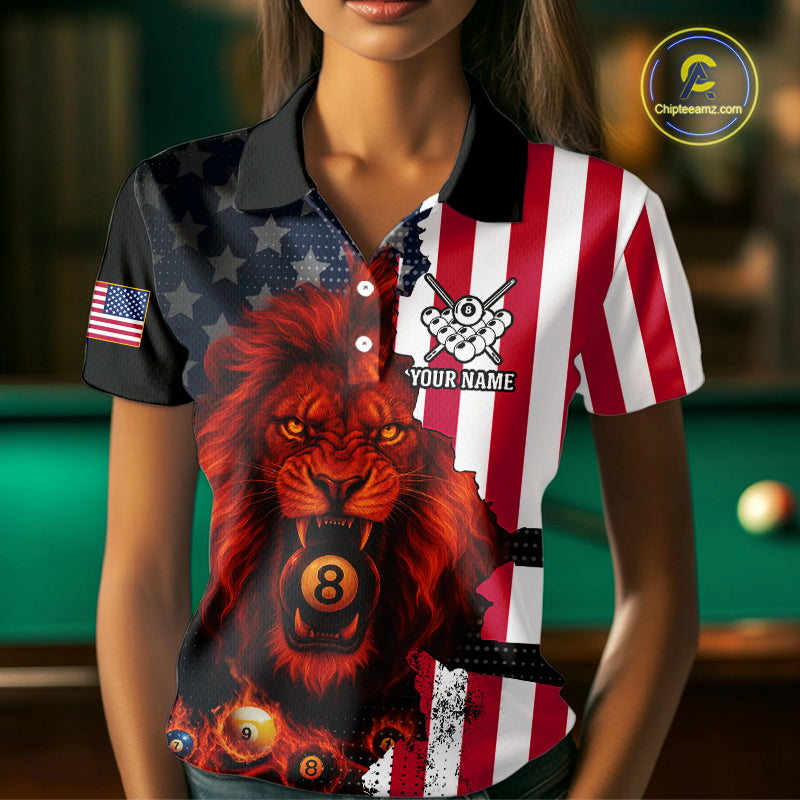 American Flag Lion 8 Ball Billiard Shirt For Women Custom Patriotic Pool Team Shirt Polo & 1/4 Zip TDM5341