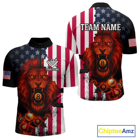 American Flag Lion 8 Ball Billiard Shirt For Men Custom Patriotic Pool Team Shirt Polo & 1/4 Zip TDM5341