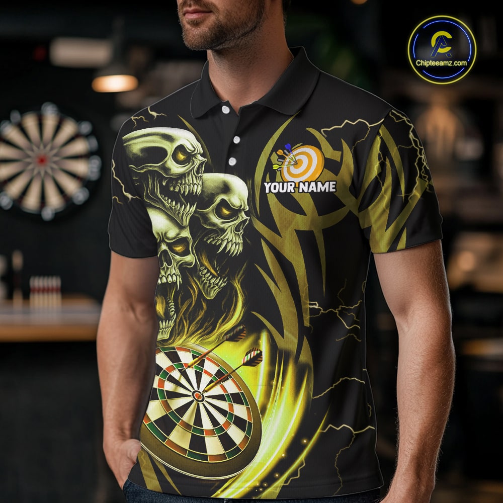 Personalized Skull & Dragon Darts Shirt For Men Custom Lightning Dartboard Team Jersey |Yellow TDM5651