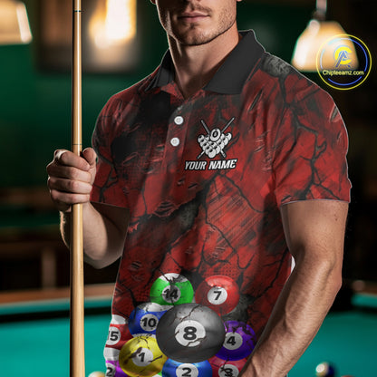 Personalized Red Grunge Cracked 8 Ball Billiard Shirts For Men Custom Team League Billiard Jerseys NYN2982