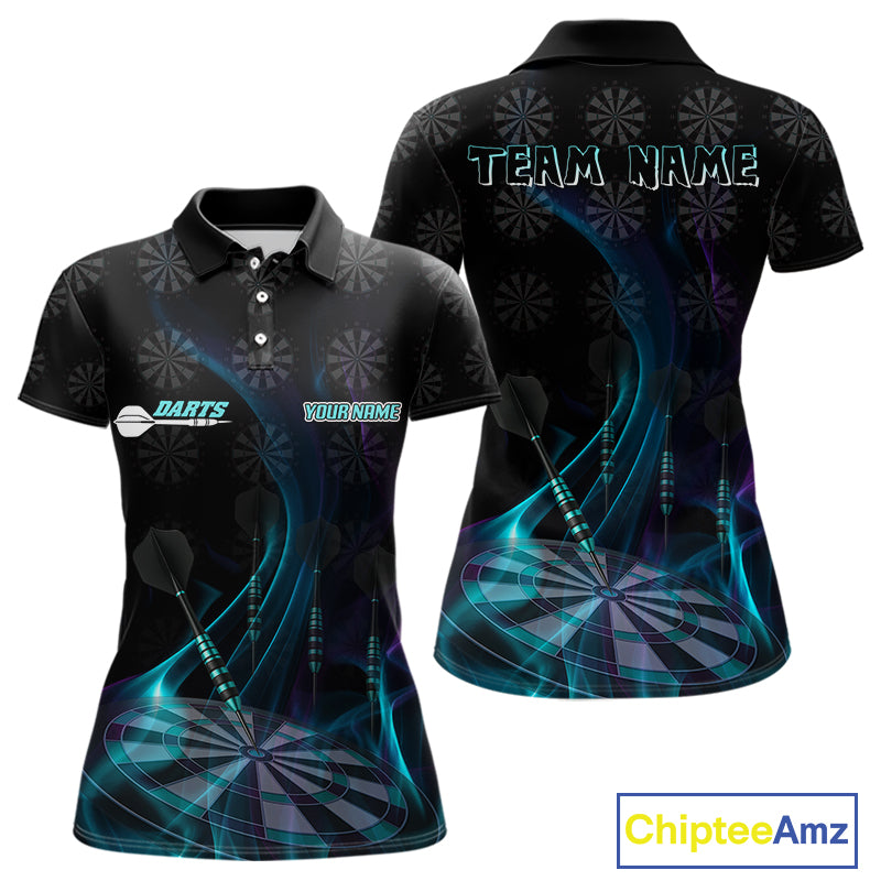 Flaming Dartboard 3D & Dart Arrow Turquoise Women's Darts Shirt Custom Name For Players NYN0692