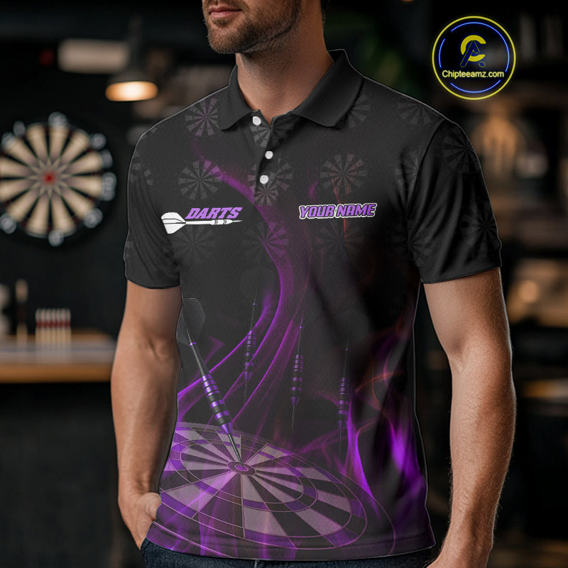 Flaming Dartboard 3D & Dart Arrow Purple Men's Darts Shirt Custom Name For Players NYN0693