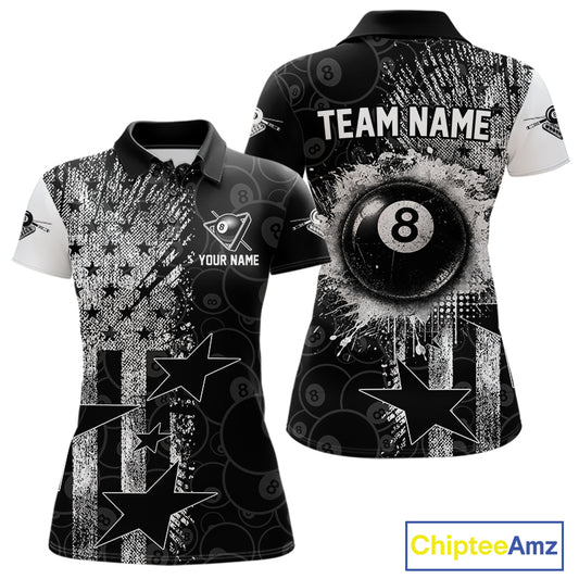 Women's patriotic billiard polo featuring distressed American flag and glowing 8 ball graphics, personalized performance apparel for veterans, military families, APA leagues and patriotic pool players, symbolizing freedom, honor and leadership.