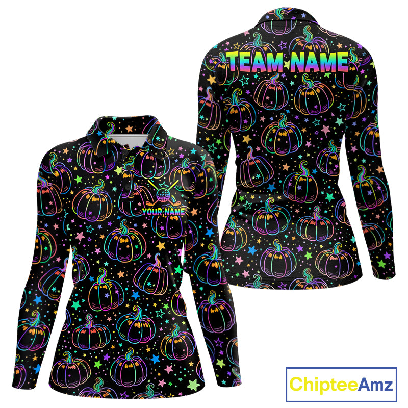 Rainbow Holographic Pumpkin Golf Polo Shirt Custom Halloween Golf Team Attire For Womens NYN3962
