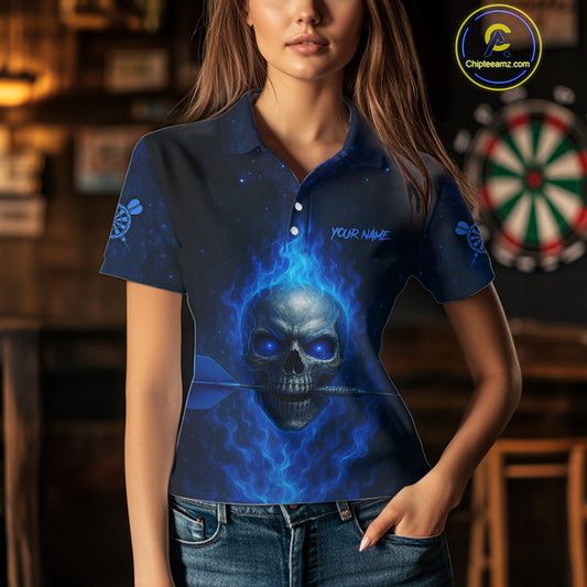 Custom Fire Flames Blue Skull Dart Arrow Dart Women Polo Shirt Outfits Dart Jerseys NYN1558