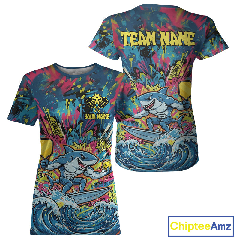 Funny Shark Graffiti Plays Pickle Custom Women's Pickleball T-Shirt Pickleball Team Gifts NYN1876