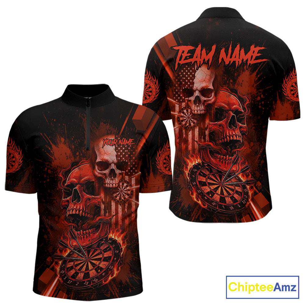 Custom Red Smokes Grunge Skull Men Darts Quarter- Zip Shirt US Flag Skull Dart League Jerseys NYN2123