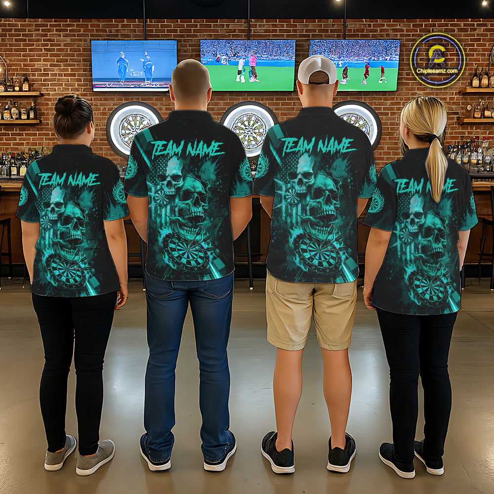 Custom Turquoise Smokes Grunge Skull Women Darts Quarter- Zip Shirt US Flag Skull Dart League Jerseys NYN2125