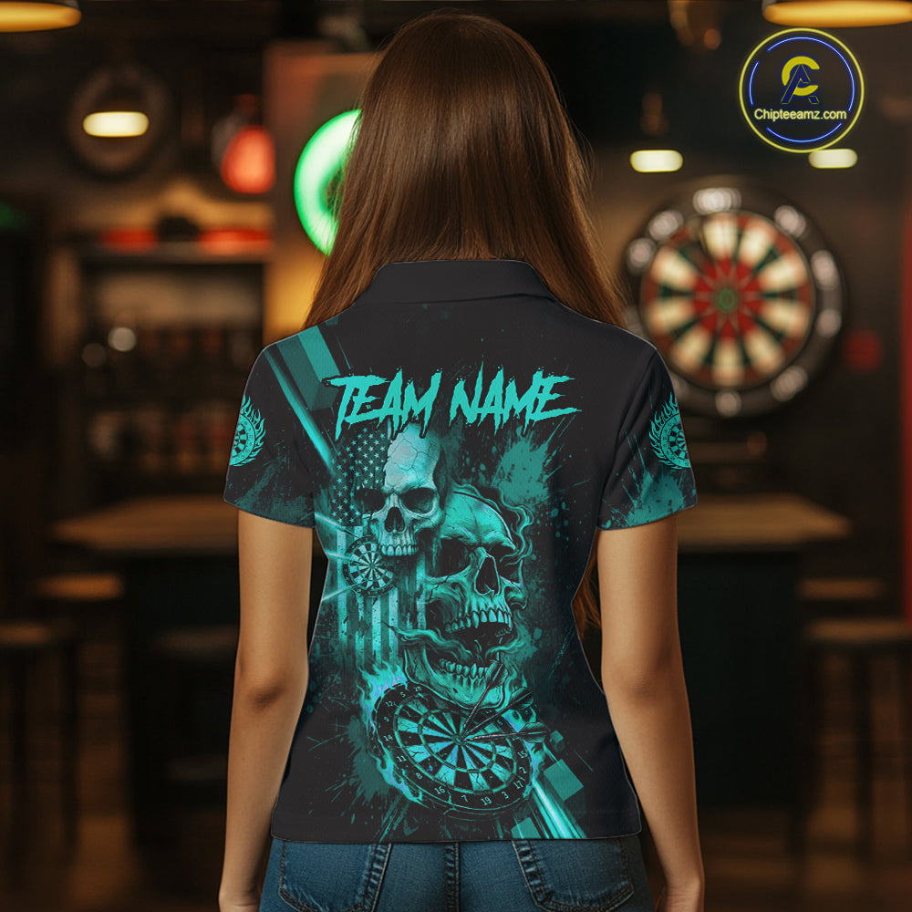 Custom Turquoise Smokes Grunge Skull Women Darts Polo Shirt US Flag Skull Dart League Jerseys NYN2125