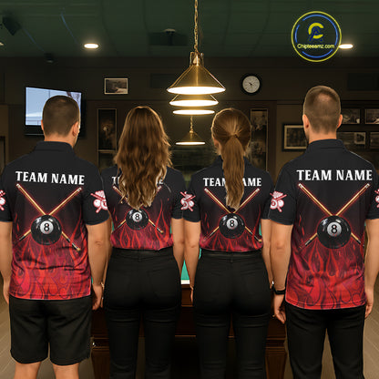 Red Flames 8 Ball Pool Team Shirts Women Billiard Polo & 1/4-Zip Custom Billiard Balls & Cue Gifts NYN2400