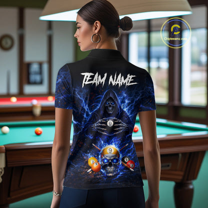 Blue Flames Grim Reaper Pool 8 Ball & 9 Ball Billiard Shirt For Women Custom Billiard Team Jerseys NYN2630