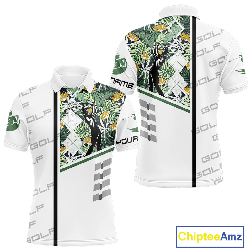 Custom Name Green Tropical Golf Mens Polo Shirt, White Golf Jerseys Best Floral Golf Gifts NYN2993