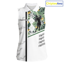 Load image into Gallery viewer, Custom Name Green Tropical Golf Women Sleeveless Polo Shirt, White Golf Jerseys Best Floral Golf Gifts NYN2993