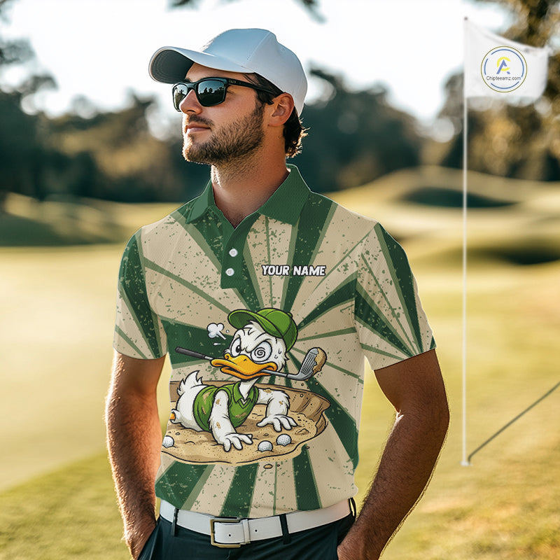Mens Funny Duck Golf Shirts Grunge Green Beige Golf Clothing Custom Golf Team Polo, Golf Upf Shirts NYN2998