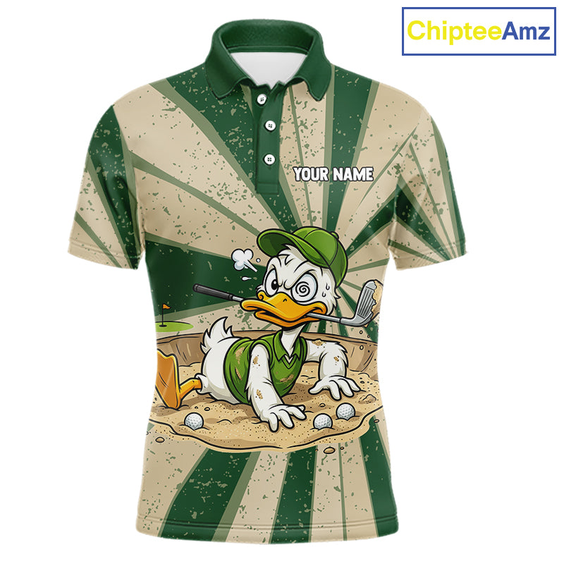 Mens Funny Duck Golf Shirts Grunge Green Beige Golf Clothing Custom Golf Team Polo, Golf Upf Shirts NYN2998