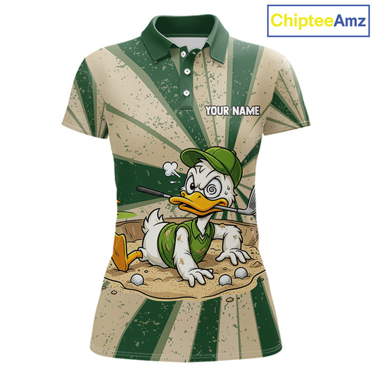 Womens Funny Duck Golf Shirts Grunge Green Beige Golf Clothing Custom Golf Team Polo, Golf Upf Shirts NYN2998