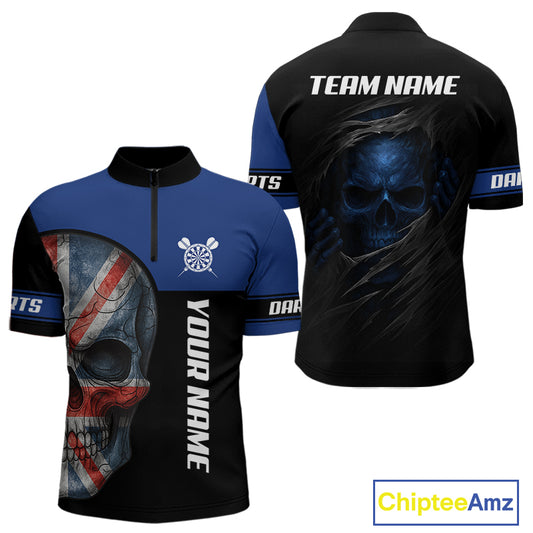 Blue Skeleton & Dartboard Custom Quarter-Zip Darts Shirt For Men - Darts Team Jersey NYN0701
