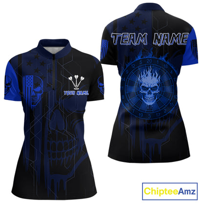 Custom Darts Team Quarter-Zip Shirt For Women Blue Flame Dartboard  - Darts  Jersey NYN0704