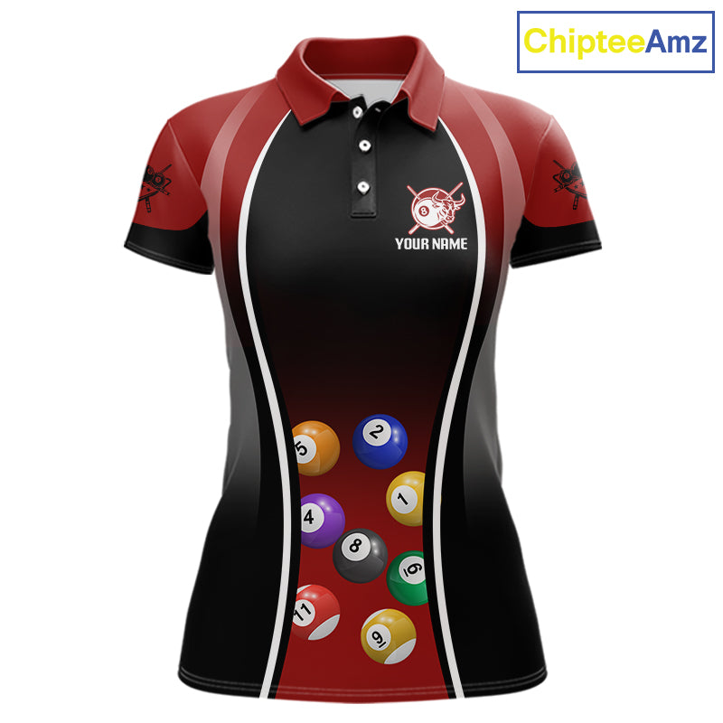 Red Funny Bull Pool Balls Women Billiard Polo & 1/4-Zip Apparel Custom Billiard Shirt Designs NYN2408