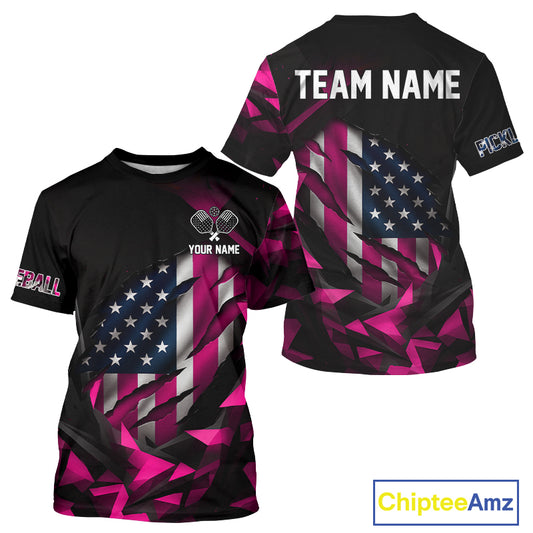 Custom Black And Pink Patriotic Pickleball T-Shirt For Men US Flag Pickleball Team Jerseys NYN2783