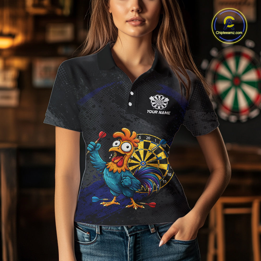 Colorful Rooster Funny Women Darts Polo & 1/4-Zip Shirt Custom Grunge Blue Dart Attire For Darters NYN3004
