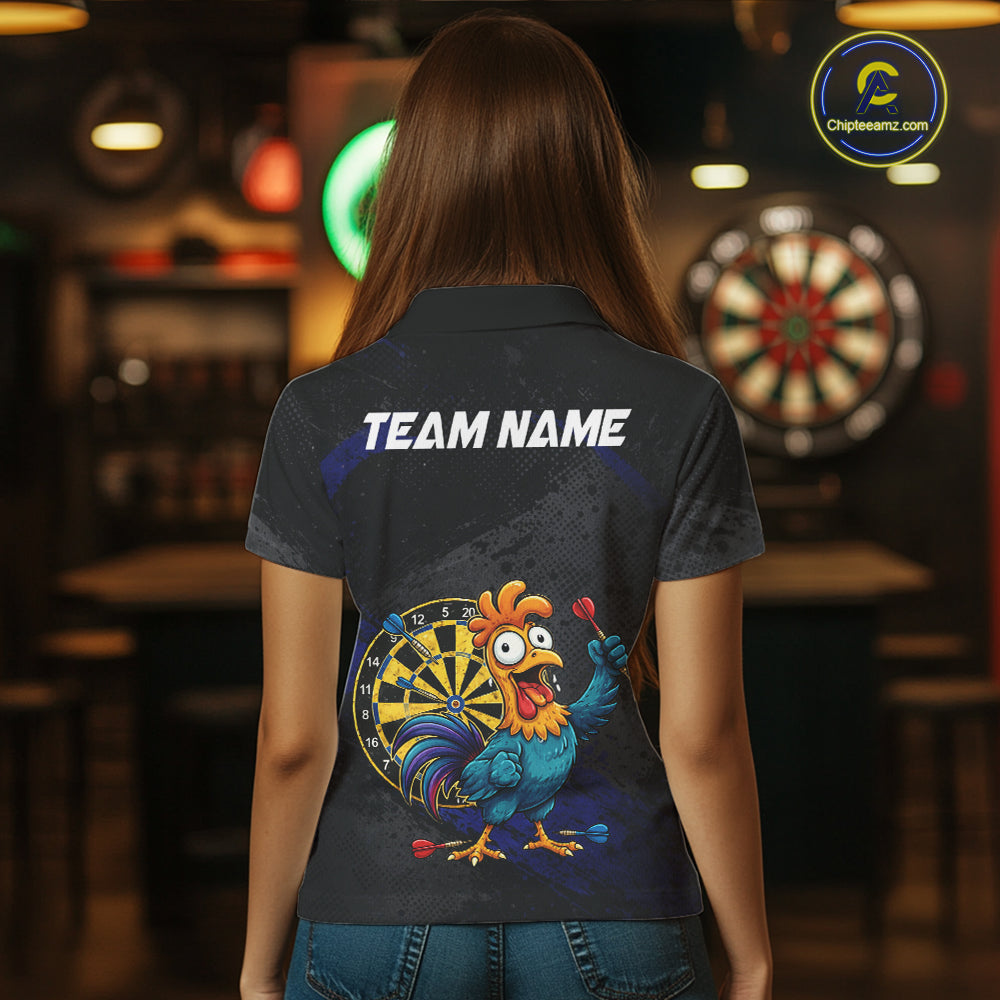 Colorful Rooster Funny Women Darts Polo & 1/4-Zip Shirt Custom Grunge Blue Dart Attire For Darters NYN3004