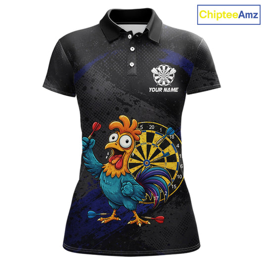 Colorful Rooster Funny Women Darts Polo & 1/4-Zip Shirt Custom Grunge Blue Dart Attire For Darters NYN3004