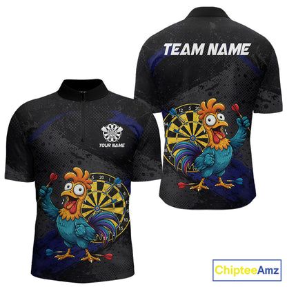 Colorful Rooster Funny Men Darts Polo & 1/4-Zip Shirt Custom Grunge Blue Dart Attire For Darters NYN3004