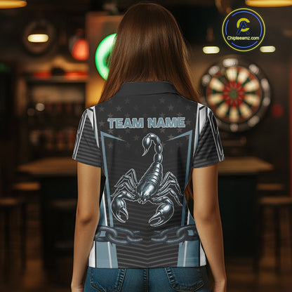 Flame Darts & Scorpion Women's Darts Shirt - Custom Name For Steel Blue Darts Jersey NYN0454