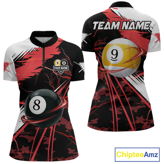 Red Lightning 8 Ball 9 Ball Pool Shirt For Women Custom Camo Billiard Team Jersey