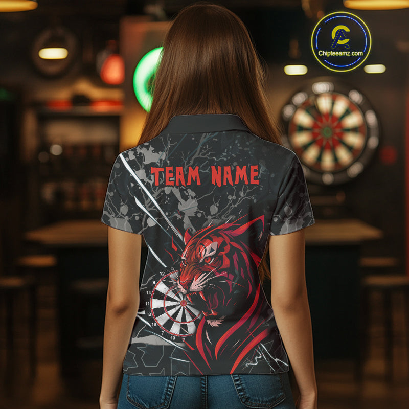 Custom Women's Darts Polo Shirt Fierce Tiger & Dartboard - Personalized Name & Team NYN0711