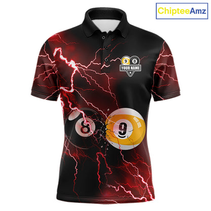 Thunder Lightning Red men's 8 Ball 9 Ball pool polo jersey, custom billiards team shirt, cue sport league apparel, bar league uniform, personalized tournament polo